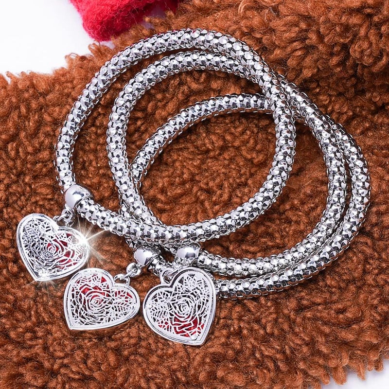 SILANER Crystal Charms Multilayer Bracelets - 3PCS Gold/Silver/Rose Gold Corn Chain Bracelet for Women, Tree of Life Heart Shaped Stretch Bracelet - Image 4